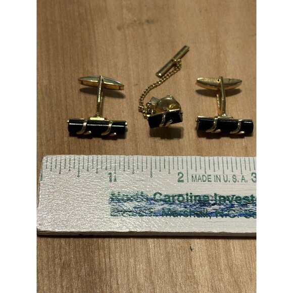 Vintage Emmons Cufflinks Tie Tack Pin Black Onyx gold tone Mid Century Wedding - Picture 6 of 9